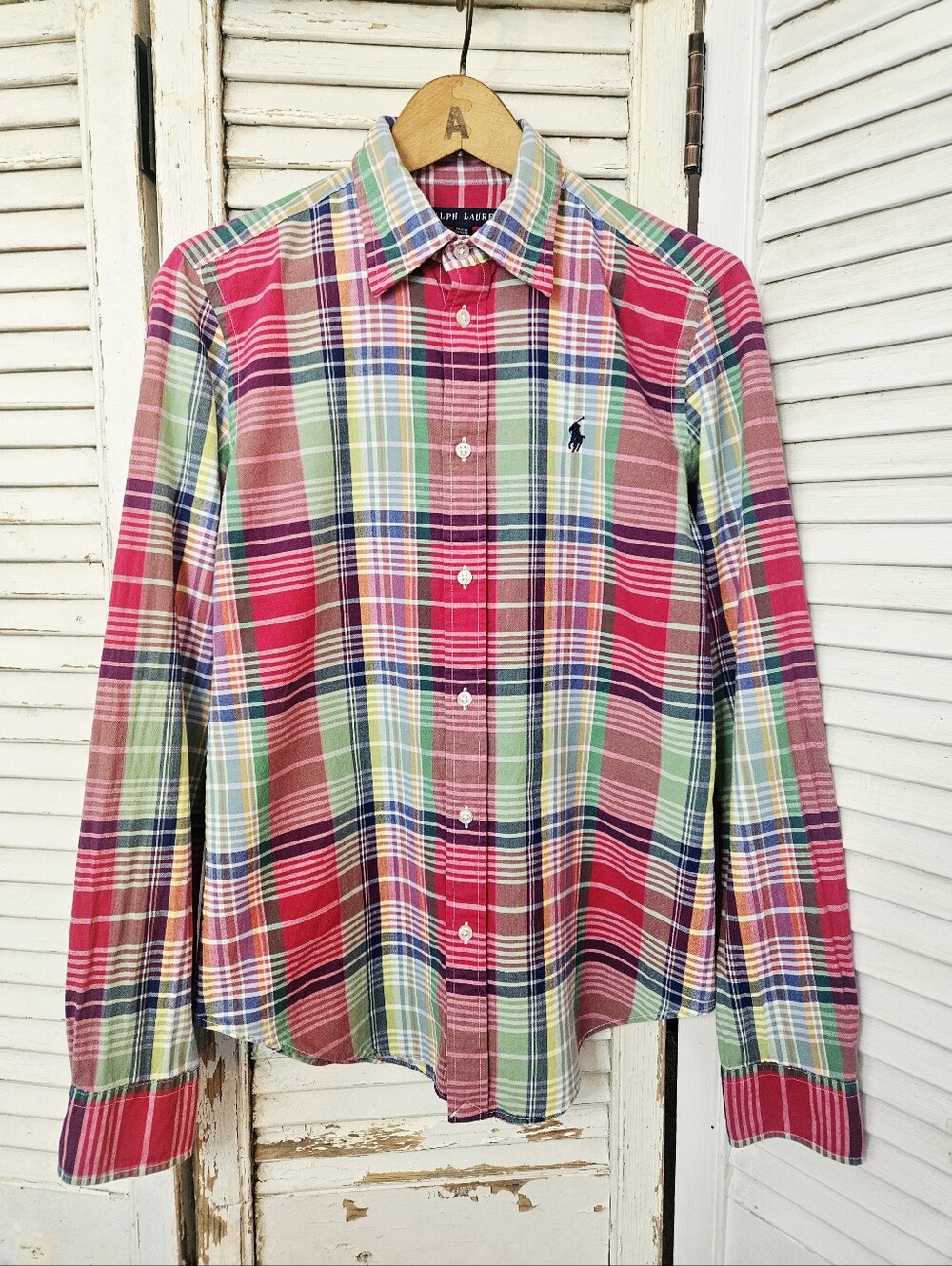 Ralph Lauren 100% Madras Cotton Button Down Shirt Pink And Green Size 10/Medium
